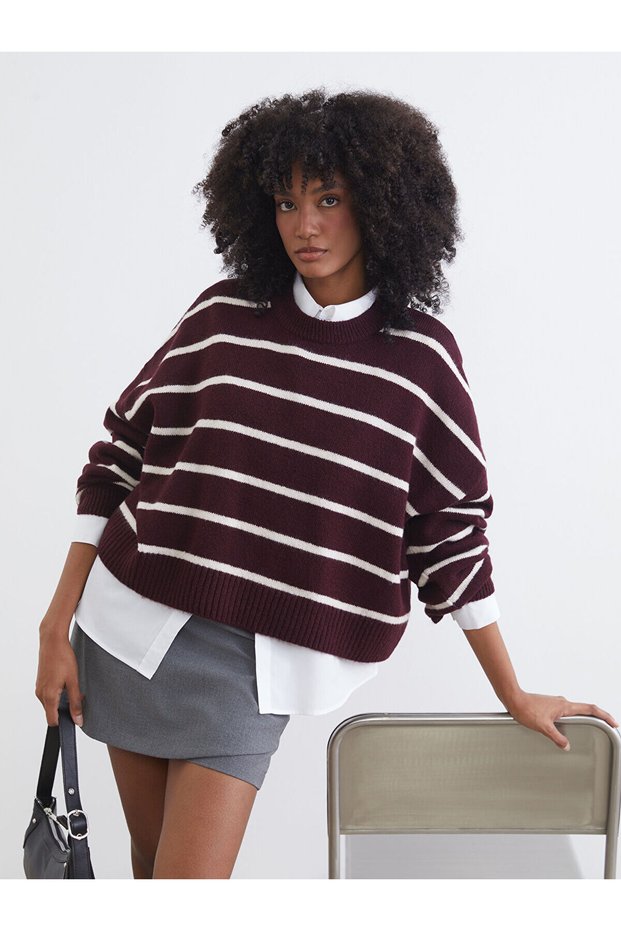 Özmarka New Season Crew Neck Striped Oversize Women's Knitwear Sweater