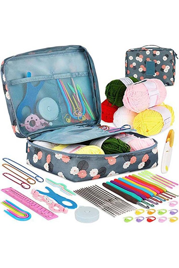 59-Piece Kids Crochet Set, Yarn Hooks Storage Case with Instructions for Beginners Blue