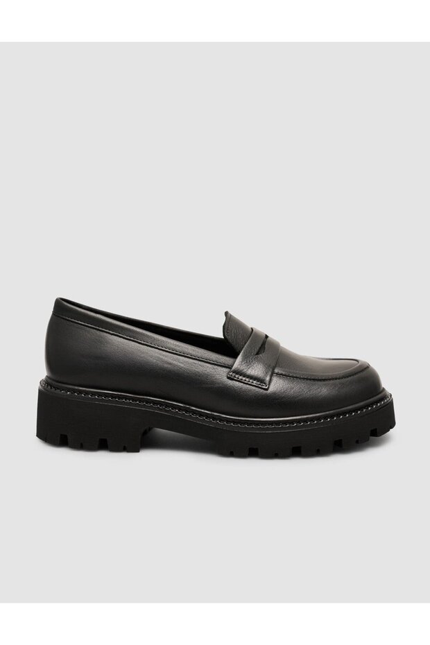 100% Genuine Leather Black Thick Sole Women's Loafer Shoes