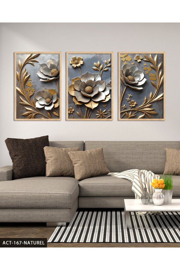 Gold Leaf Silver Flower 3 Piece Wooden Framed Painting Act