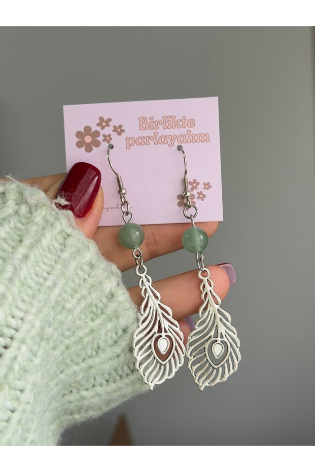 Silver Color Earrings with Aventurine Natural Stone Feather Motif, Handmade Brass Plated Elegant Women's Earrings