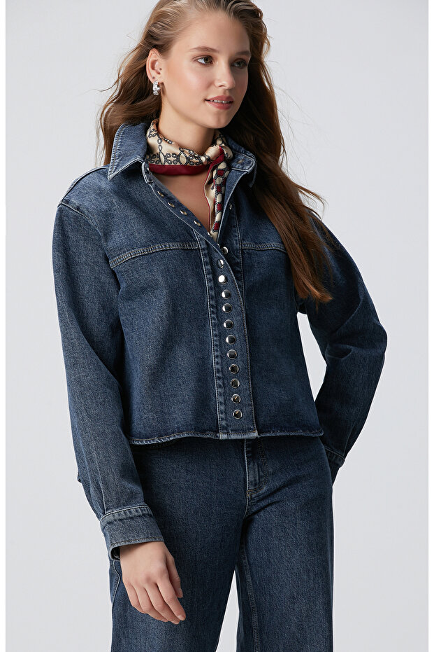 Mavi Çıtçıt Detaylı Denim Gömlek - 3