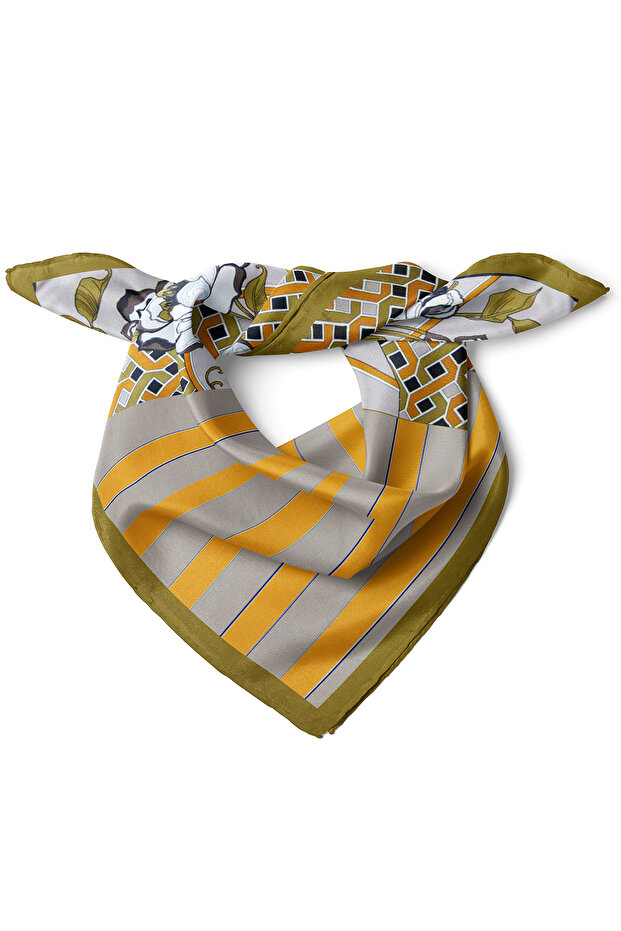 Yellow Striped & Floral Pattern Scarf Bandana 50X50 cm