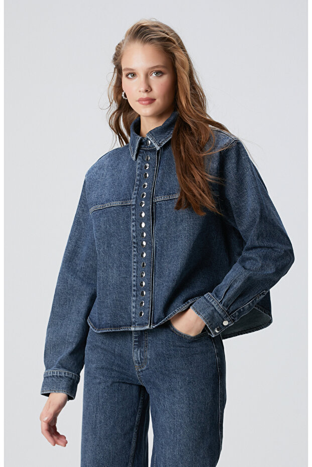 Mavi Çıtçıt Detaylı Denim Gömlek - 4