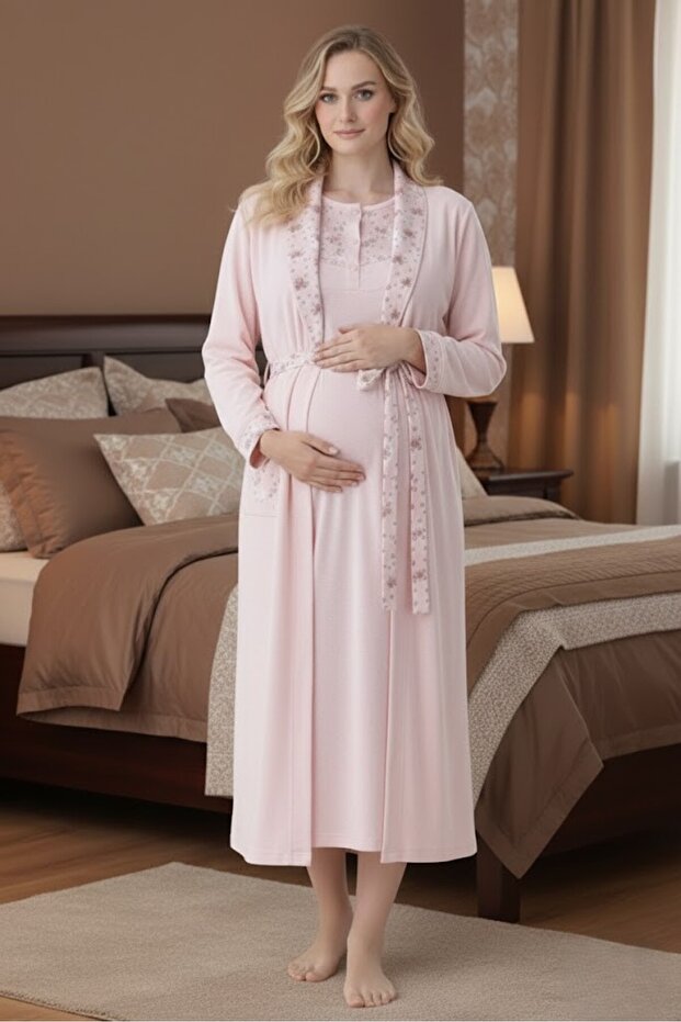 Women's Pink Shawl Collar Long Sleeve Floral Button Detail Plus Size Maternity Nightgown Set