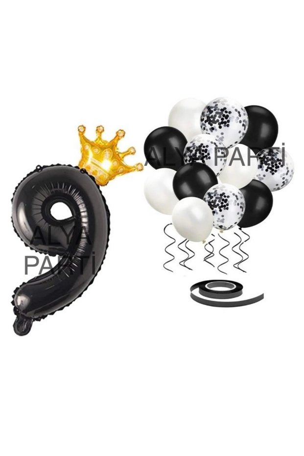 Party 9 Year Old Black Crown Number Foil Balloon Birthday Set