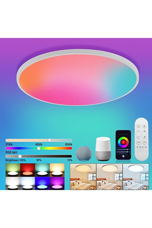 مصباح سقف ذكي اليكسا بلوتوث واي فاي LED بطول 30 سم تصميم قابل للتعتيم يثبت على السقف