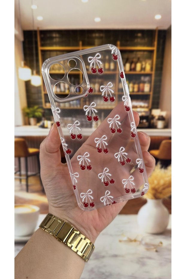iPhone 13 Pro Max Compatible Cherry Patterned Transparent Shock-Absorbing Camera Protected Clear Case