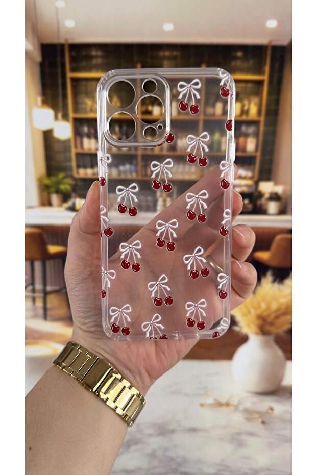 iPhone 14 Pro Max Compatible Cherry Patterned Transparent Shock-Absorbing Camera Protected Clear Case - 2
