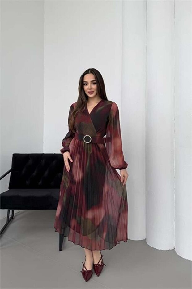 Women's burgundy pleated double-breasted collared belted chiffon dress DPELB03