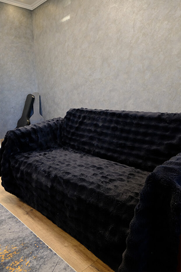 Plush Sofa Cover Shawl Fluffy Bubble Black Multi-Purpose Diamond Pattern 170X210 cm