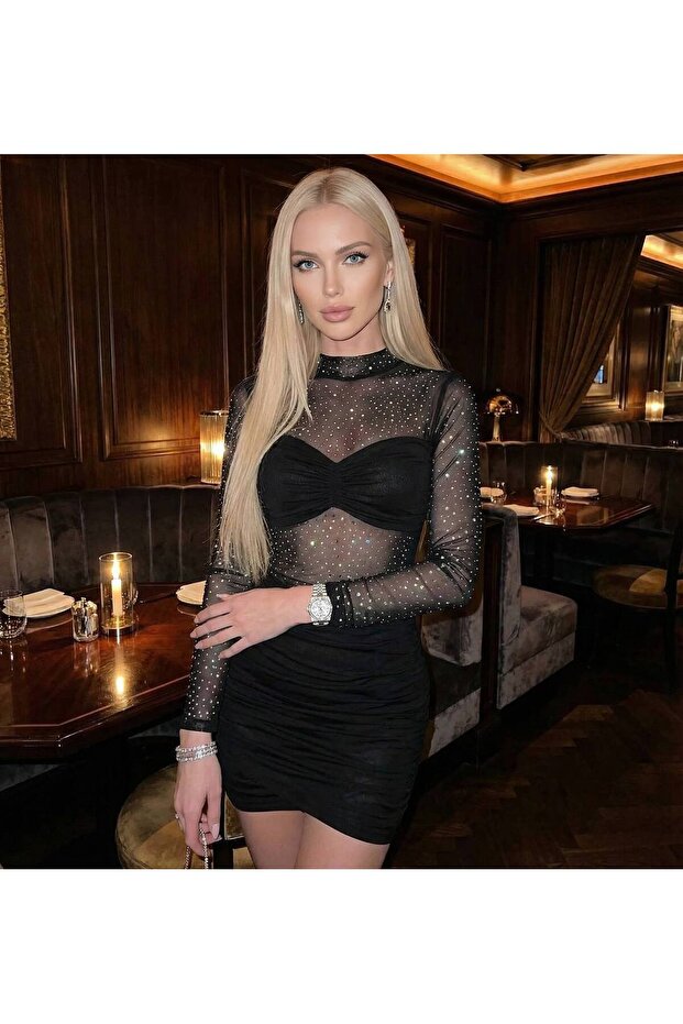 Tül Taşlı Mini Elbise - 3