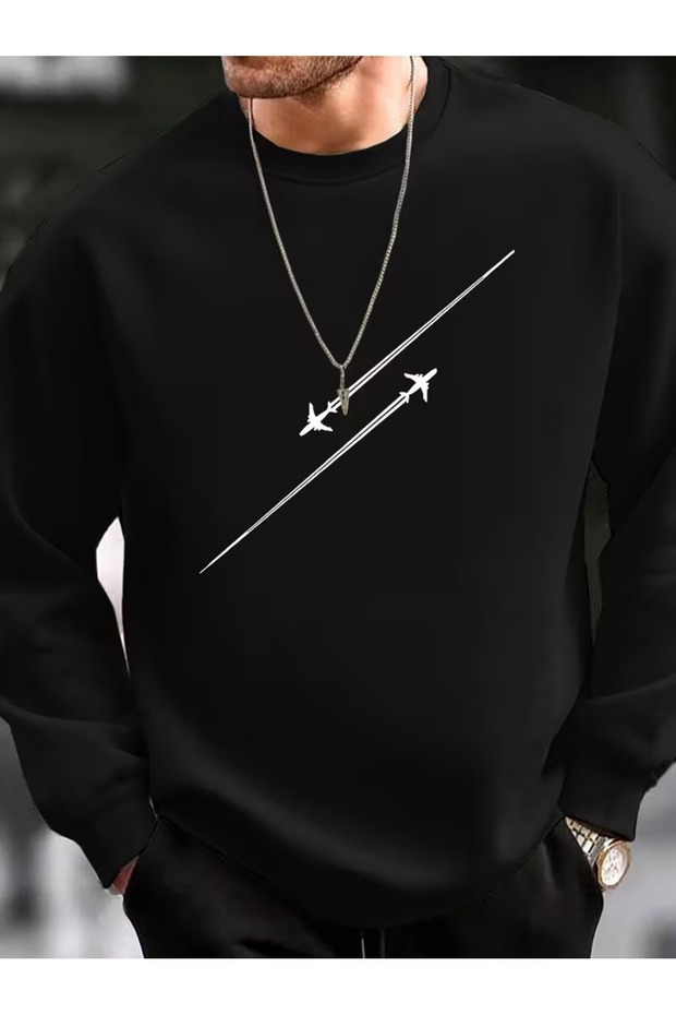 Men's Airplane Printed Crew Neck Black Gray Oversized Sweatshirt