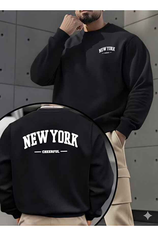 Men's Newyork Printed Crew Neck Black Gray Oversized Sweatshirt