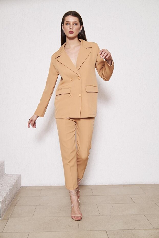 Kadın Cepli Ceket Basic Pantolon Taba Takım Elbise - 3