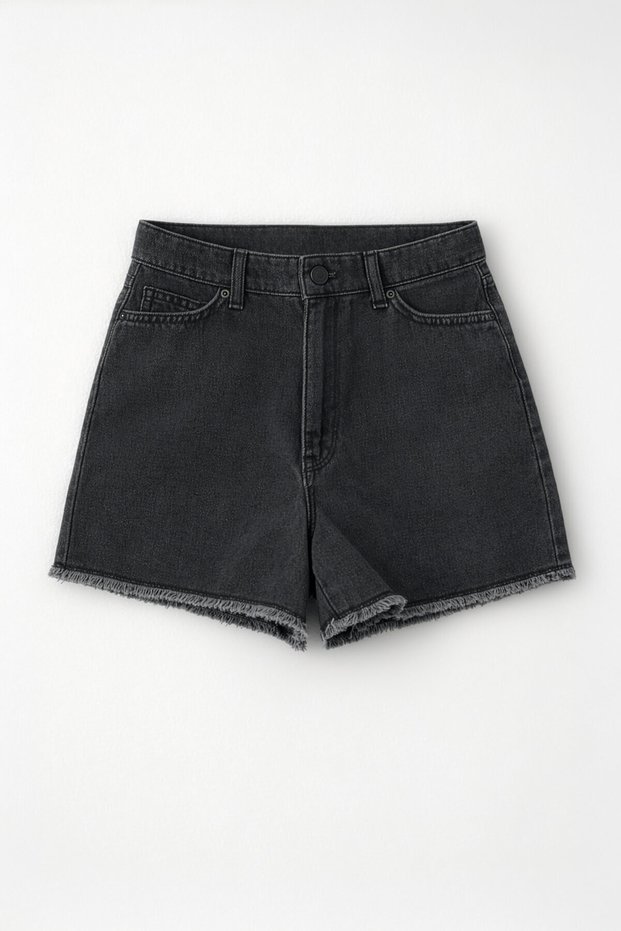 Women's High Waist Tassel Detail Anthracite Jean Shorts