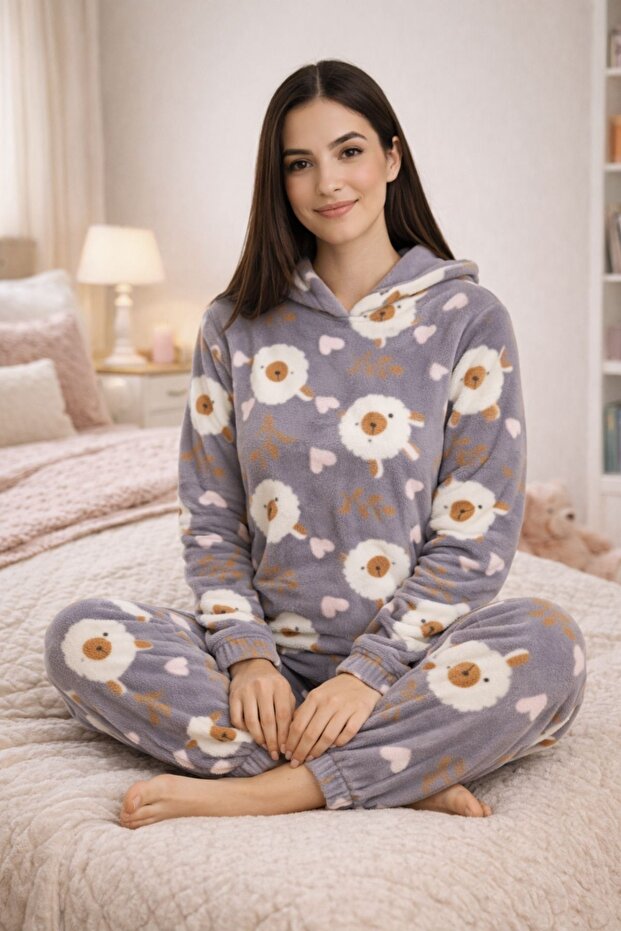 Women's Patterned Hooded Gray Fleece Pajama Set