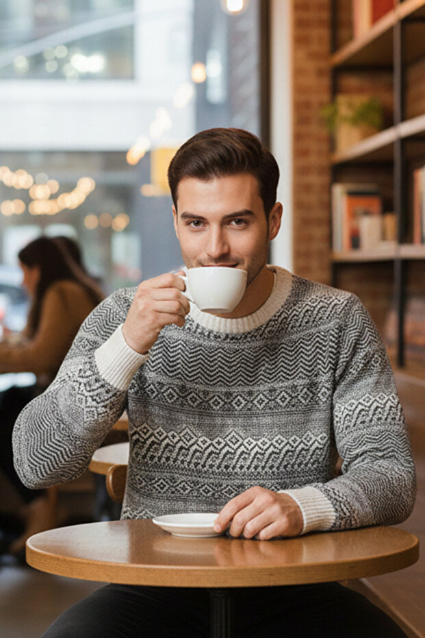 Men's Crew Neck Patterned Sweater - 3