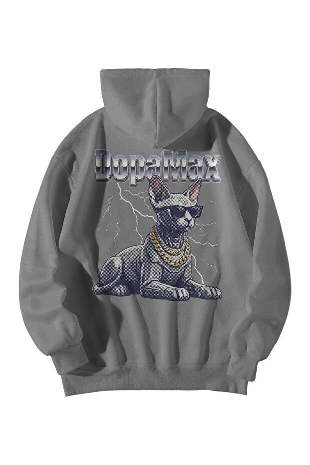 Unisex Anthracite Oversized Hoodie - Dopamax Sphinx Cat Printed 3 Thread Ş Fleece-Lined Streetwear Sweatshirt