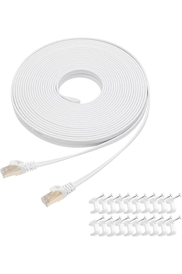 Cat 8 Ethernet Cable 10M White, Flat High Speed Cable, 40Gbps, 2000Mhz Braided Internet Cable, Gold