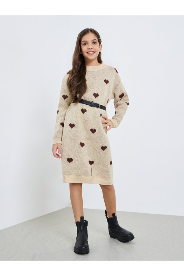 Girls Beige Heart Knit Sweater Dress with Belt