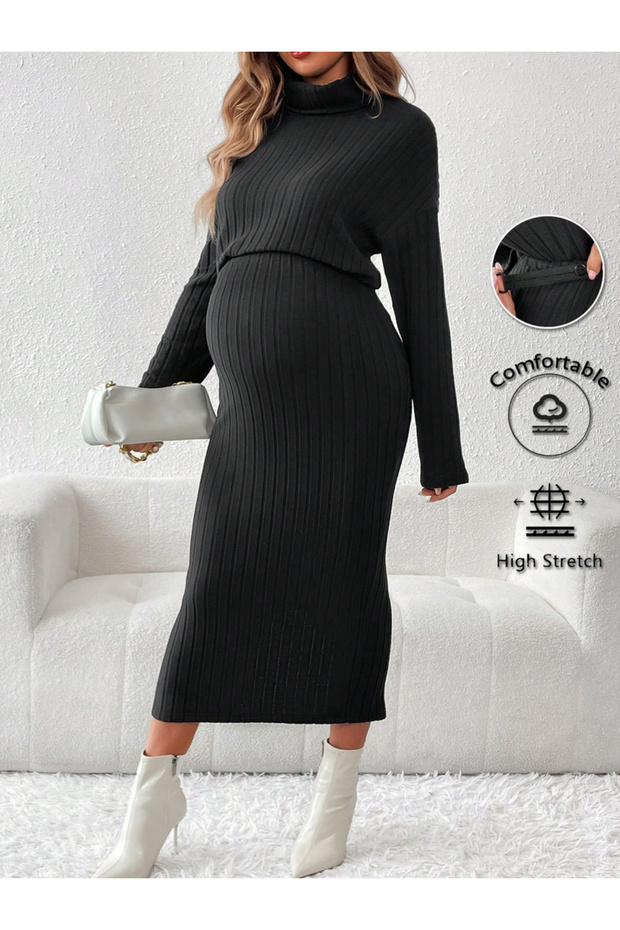 Women High Neck Top and Adjustable Elastic Skirt Maternity Ribbed Set