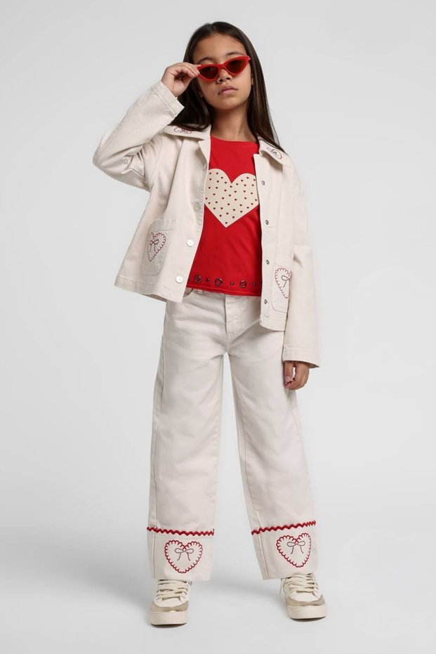 3-Piece Girls' Set with Heart Embroidery and Stone Detailing on Trousers - Cream