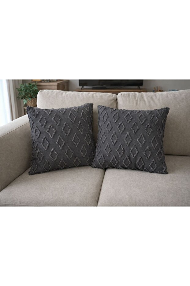 Baklava Patterned Linen Textured Anthracite Throw Pillow Cover Double 43X43