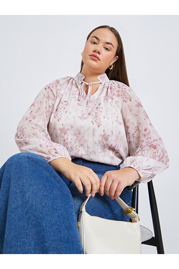 Plus Size Women Floral Print Blouse with Tie Neck