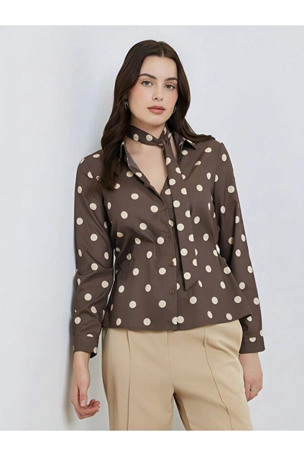 Women Brown Polka Dot Tie-Waist Shirt
