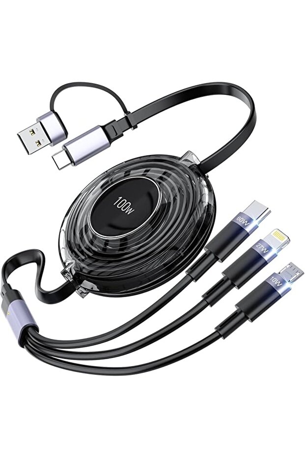 3-in-1 Retractable Fast Charging Cable, USB-C or USB-A to USB-C & Micro USB, Powers iPhone 15, iPad,