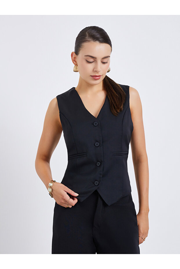 Women Black Sleeveless Waistcoat
