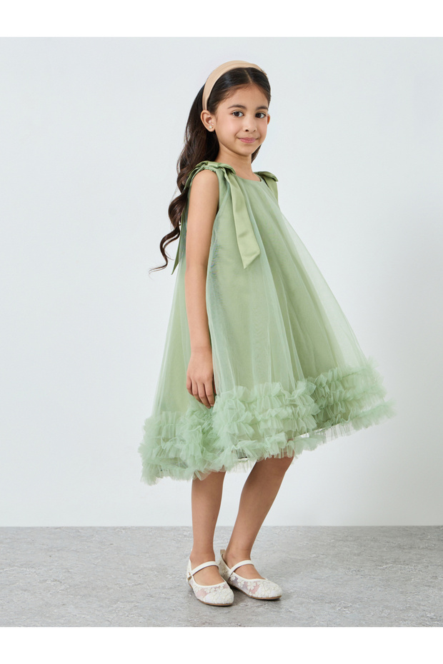 Girls Bow Tie Ruffle Hem Mesh Party Dress