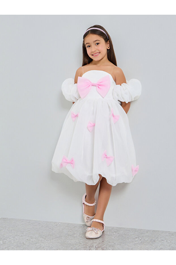 Girls White Puff Sleeve Bow Detail Dress