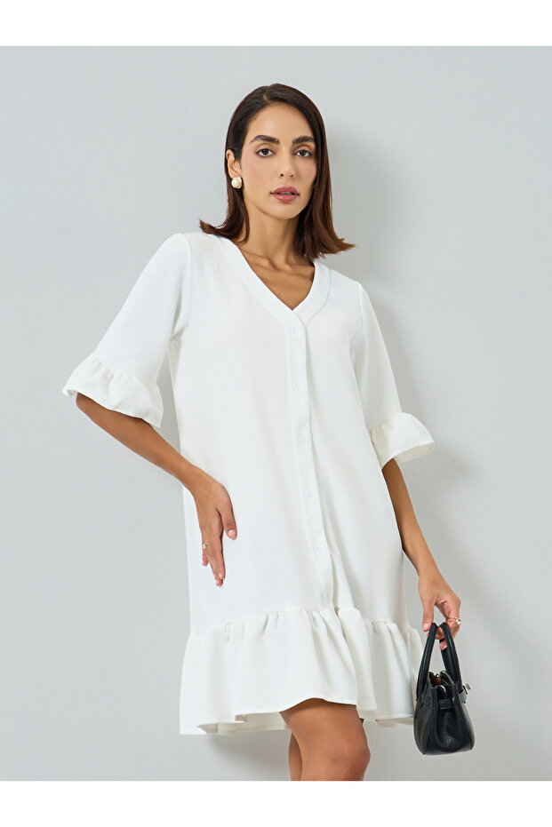 Women White Buttoned Ruffle Detail Mini Dress