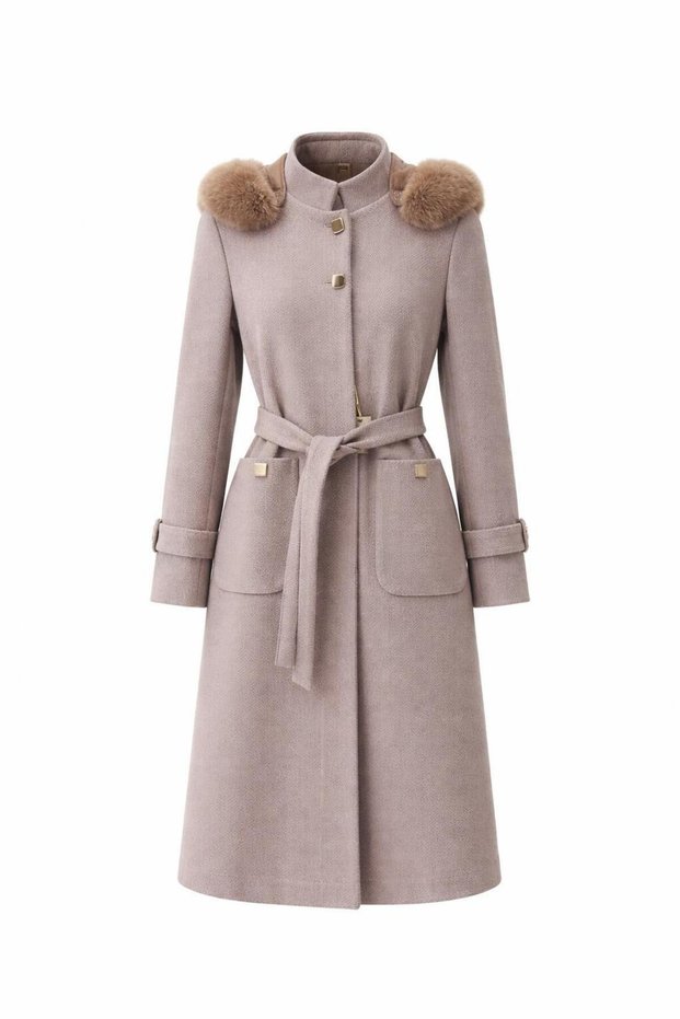 Gingham Textured Detachable Fur Hooded Belted Cashmere Coat