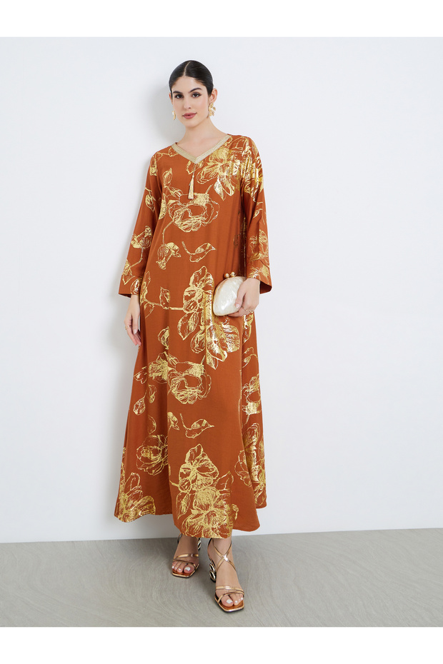 Women Orange Floral Print Tassel Detail Jalabiya