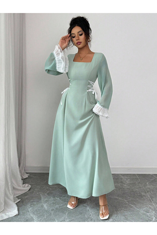Women Square Neck Waist Tie-Up Maxi Dress
