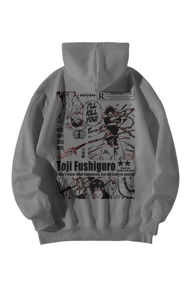 Unisex Anthracite Oversized Hoodie - Toji Fushiguro Anime Printed 3 Thread Streetwear Sweatshirt