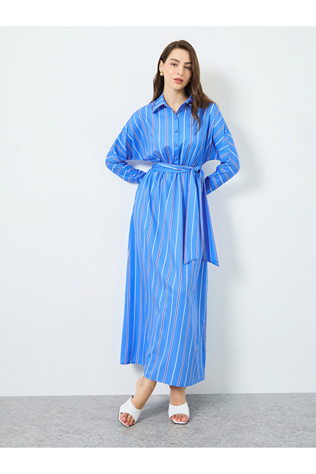 Women Blue Striped Belted Long Sleeve Jalabiya