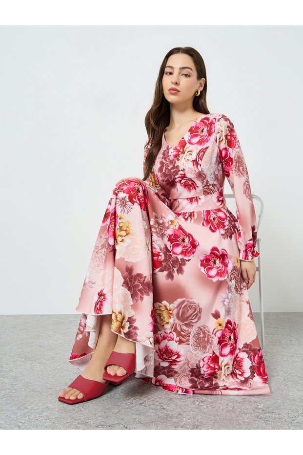 Women Floral Printed V-Neck Pleated Midi Dress