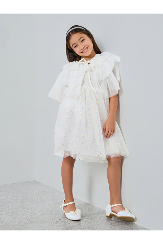 Girls Embellished Strappy Mesh Dress with Tulle Cape