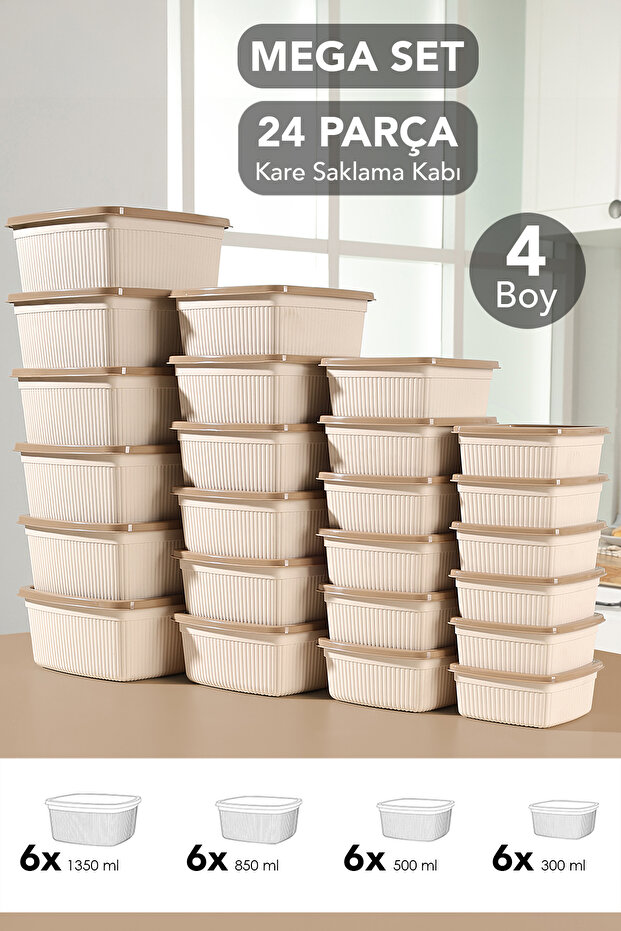 24-Piece Striped Square Storage Container Set - Microwave Safe Food Container 1.35L 0.85L 0.5L 0.3L Beige