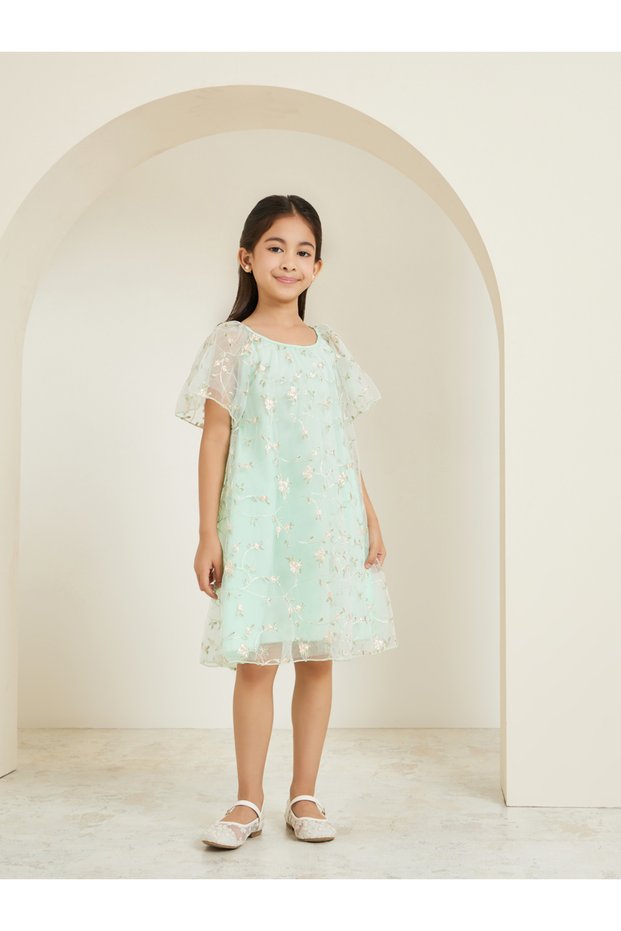 Girls Green Mesh Floral Embroidered Dress
