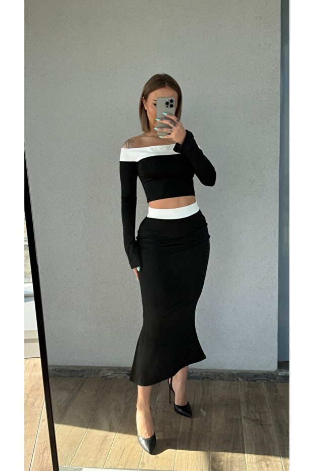 Women's Madonna Collar Long Sleeve Crop Blouse and Slit Midi Skirt Bottom-Top Set Black