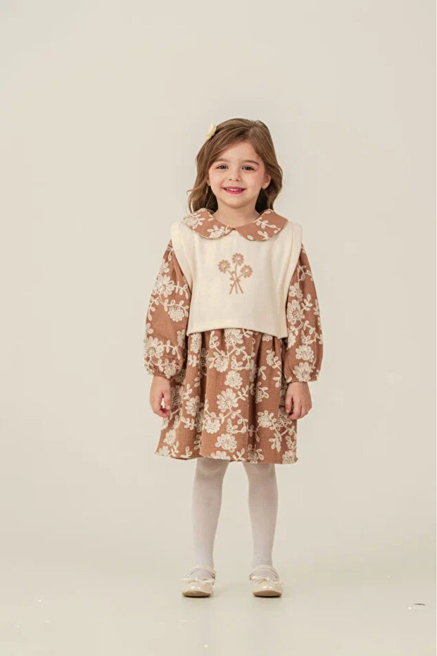 Girl's Floral Embroidered Muslin Eid Dress
