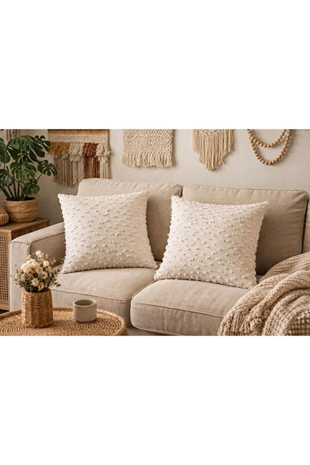 Minimal Pompom Patterned Linen Textured Ecru Throw Pillow Cover Double 43X43
