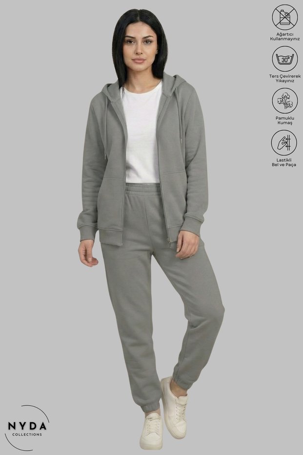 Women's Hooded Jacket and Elastic Jogger Pants 100% Cotton Combed Cotton Tracksuit Set