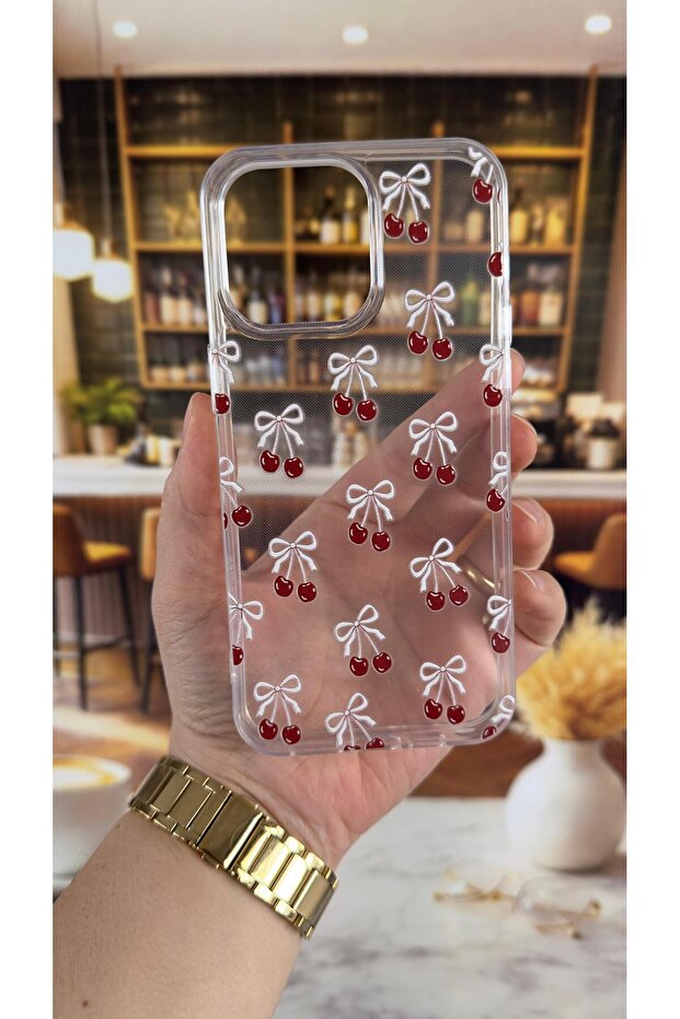 iPhone 16 Pro Max Compatible Cherry Patterned Transparent Shock-Absorbing Camera Protected Clear Case - 2