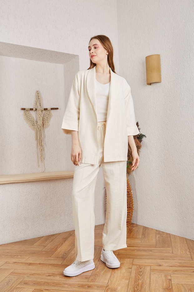 Women's Belted Oversized Jacket Loose Trousers Ecru Two-Piece Set